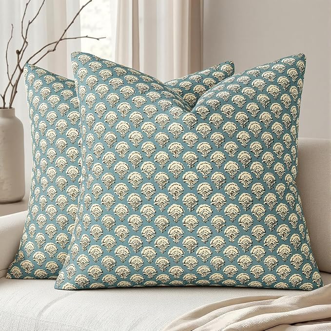 MIULEE Set of 2 Decorative Floral Pillow Covers Neutral Vintage Throw Pillows Block Print Boho Farmhouse Cushion Covers for Modern Spring Home Decor Couch Sofa Bed Living Room, 22x22 Inch, Lake
