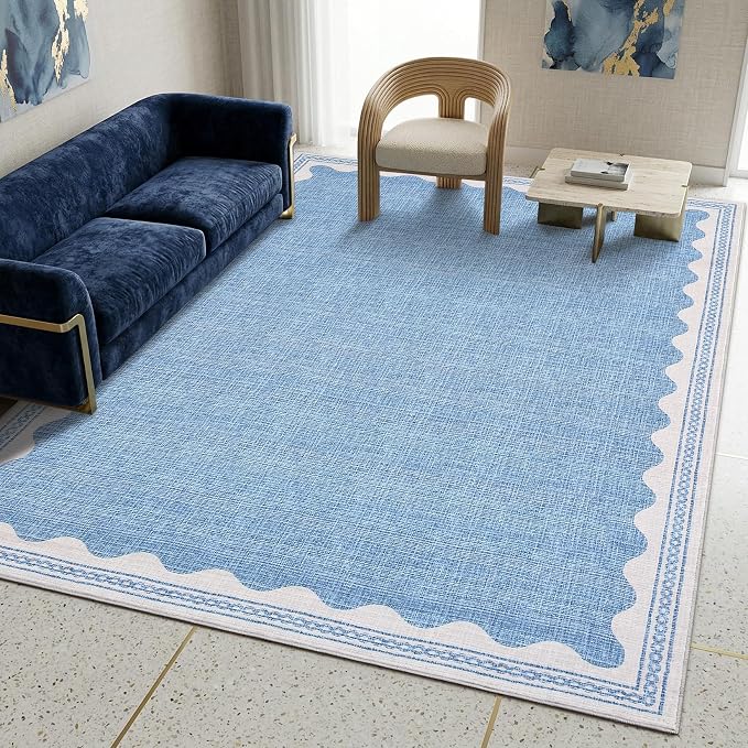 GarveeHome Scalloped Washable Rugs 9x12 Rug for Living Room Non-Slip Solid Blue Modern Minimalism Low-Pile Carpet 9 x 12 Rug for Bedroom Dining Nursery Mat with Rubber Back