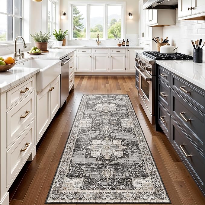 3x7 Washable Entryway Rug Runner - Vintage Non Slip Stain Resistant Runners Ultra-Thin Soft Carpets for Kitchen Hallway Bedroom Laundry Room Distressed Indoor Home Decor Mat 3X7 Black