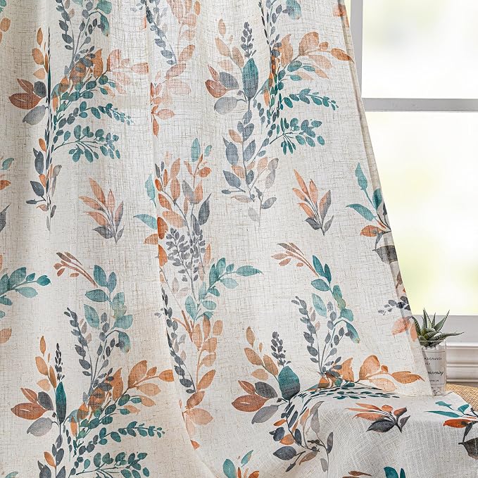 MYSKY HOME Floral Linen Curtains 63 inch Long 2 Panels Set Leaf Patterned Semi Sheer Light Filtering Privacy Farmhouse Grommet Drapes for Bedroom Small Window, 52" Wide Each Panel, Burnt Orange