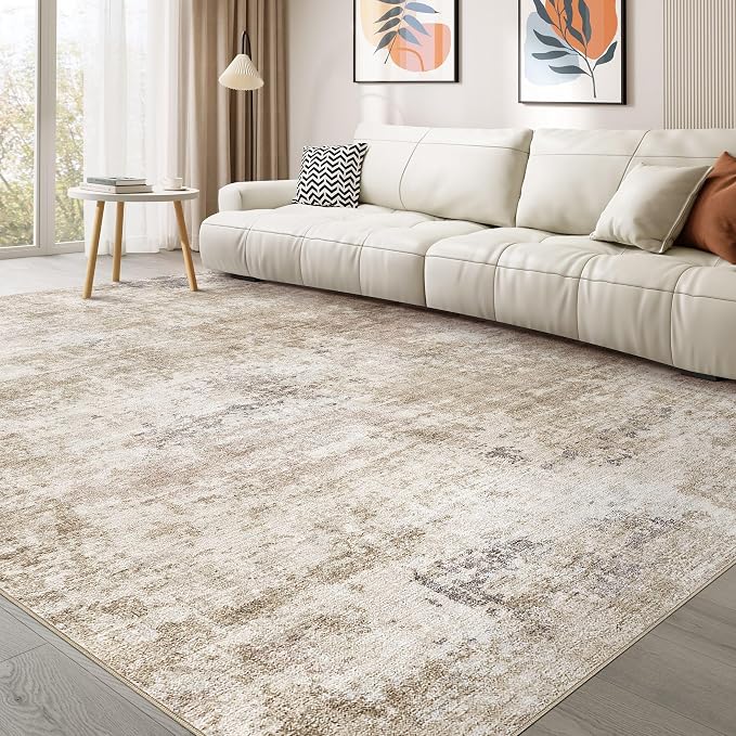 Abstract 6x9 Area Rug: Machine Washable Non Slip Ultra Thin Low-Pile Carpet, Soft Stain Resistant for Living Room Bedroom Nursery, Kid Pet Friendly, Robot Vacuum Compatible - Brown