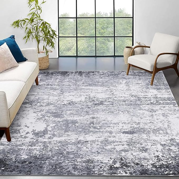 ROYHOME 9x12 Modern Abstract Accent Rug, Light Grey | Non Slip Stain Resistant Washable Low Pile Accent Washable Rug for Living Room Bedroom Indoor Floor Cover Office Home Decor