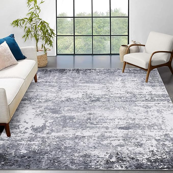 ROYHOME Area Rug 4x6 Stain Resistant Modern Abstract Rugs, Light Grey | Ultra Soft Indoor Floor Cover Accent Rug Low Pile Machine Washable Thin Rug for Living Room Bedroom Dining Room