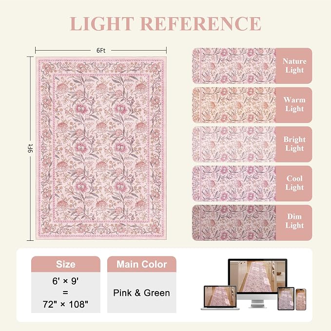 DUKINO 6x9 Area Rug, Vintage Floral Washable Rugs for Living Room, Pink | Non Slip, Low Pile, Non-Shedding, Stain Resistant Soft Large Carpet for Bedroom Home Office Dining Room Farmhouse, Home Decor