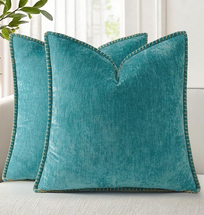 decorUhome Soft Chenille Throw Pillow Covers 24x24 Set of 2 Turquoise | Fall Textured Decorative Throw Pillow Cases Stitched Edge Modern Farmhouse Luxury Boho Velvet for Couch Sofa Bed Home Decor