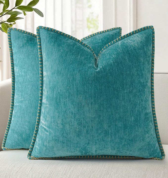 decorUhome Soft Chenille Throw Pillow Covers 16x16 Set of 2 Turquoise | Fall Textured Decorative Throw Pillow Cases Stitched Edge Modern Farmhouse Luxury Boho Velvet for Couch Sofa Bed Home Decor