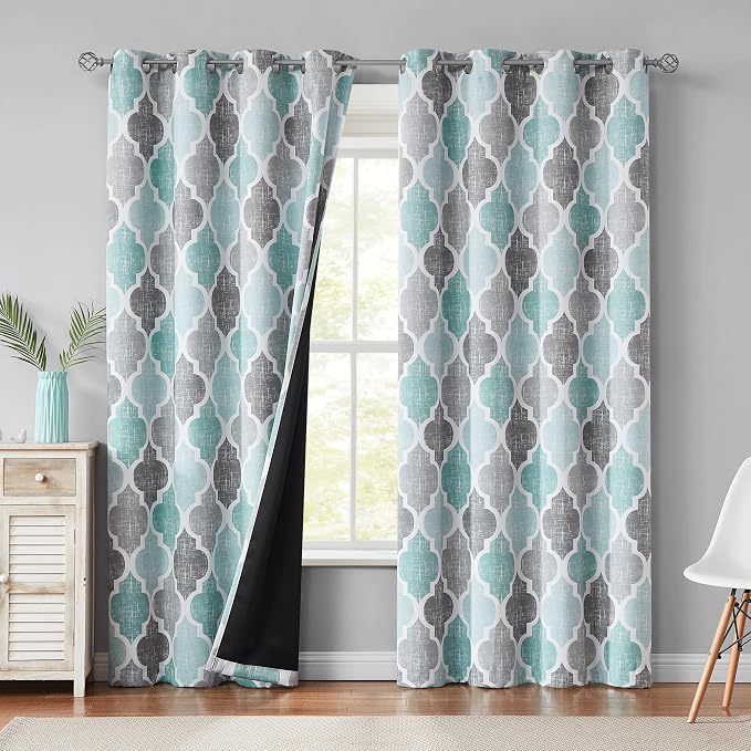 Beauoop Moroccan 100% Blackout Curtains Bedroom Aqua Grey 50x84 2 Panels | Geometric Room Darkening Drapes for Living Room 84 Inch Long Thermal Insulated Soundproof Lattice Window Treatment Grommet