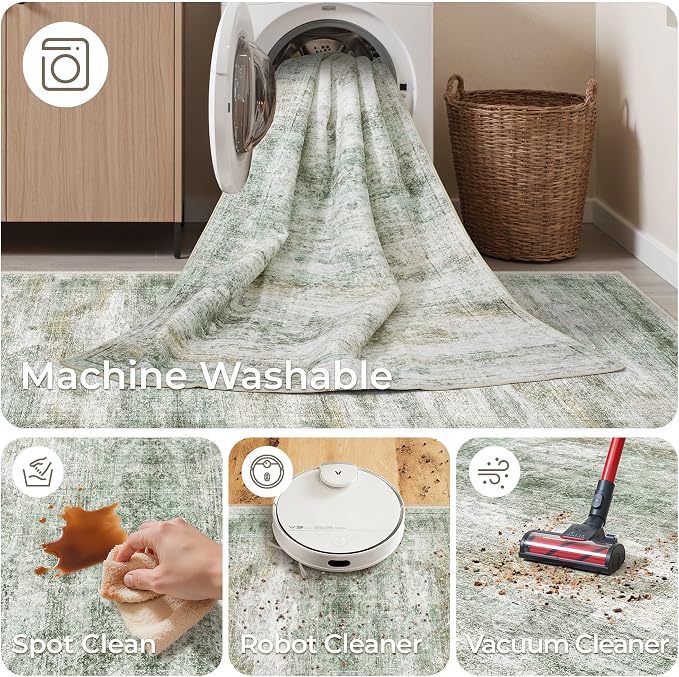 2x12 Runner Rug Non Slip,Washable Hallway Runner Rug,Green | Long Neutral Rugs for Kitchen,Entryway,Bedroom,Bathroom,Laundry Room,Thin,Soft Runner Rug,Stain Resistant Indoor Carpet