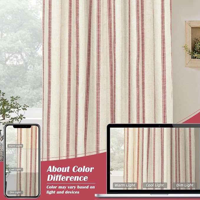 DriftAway Farmhouse Stripe Blackout Curtains, W52xL108, Red | Blackout, Linen Texture, Stripe Pattern, Rod Pocket & Back Tab, Two Layers, Bedroom Living Room Use, Sound Reducing Design
