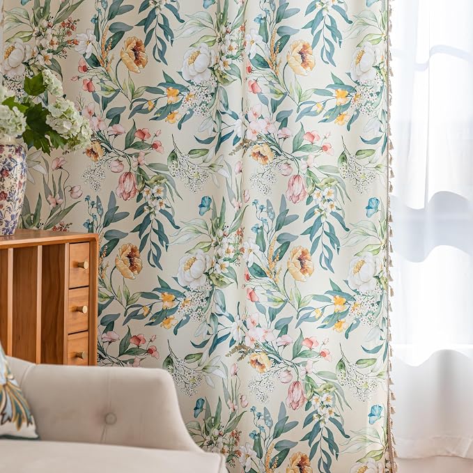 Boho Floral Curtains French Country Farmhouse Curtains 102 Inches Long Light Filtering Window Rod Pocket Drapes for Living Room 2 Panels-Green Flor