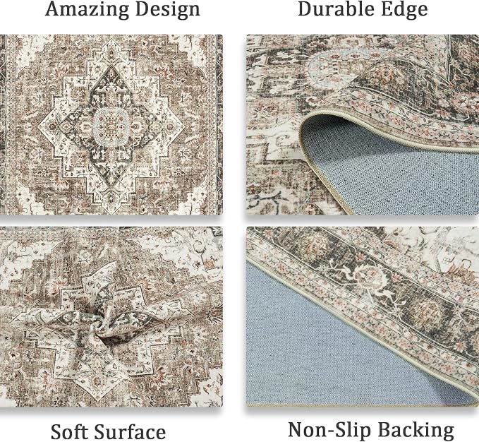 Roxstand Washable 2.6x8 Hallway Runner Rug, Brown/Beige | low-pile carpet, non-slip backing,8ft runner, stain resistant, runner for kitchen, laundry room, entryway,vintage design
