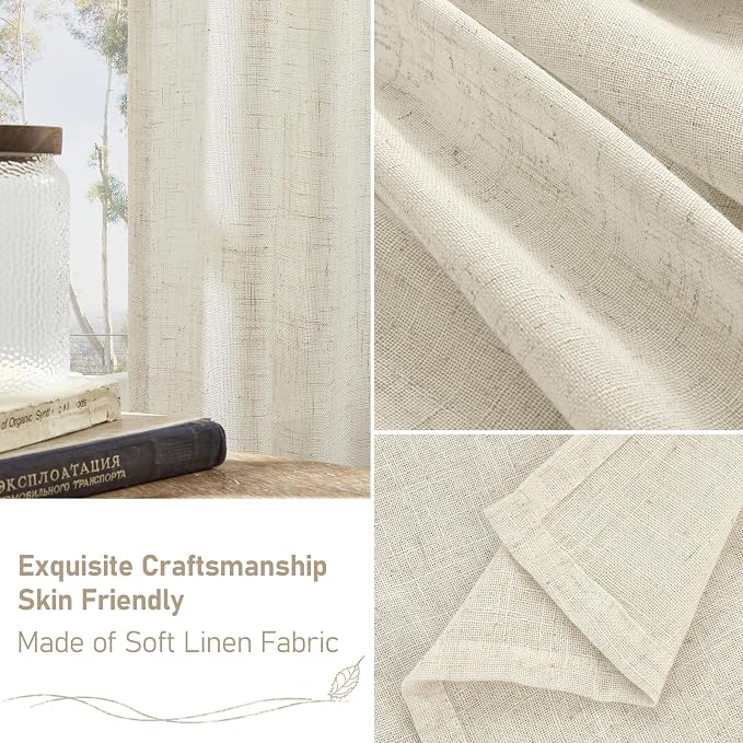 LAMIT Linen Semi Sheer Curtains 40 Inch for Bedroom, Light Filtering Neutral Window Curtains Farmhouse Boho Back Tab and Rod Pocket Panels, Natural, 2 Panels, 52 x 40 Inch