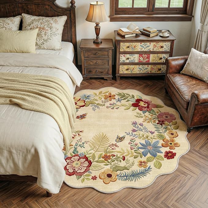 FMFUNCTEX 3ft Round Washable Beige Floral Scalloped Area Rug for Entryway | Rug Vintage Non Slip Flower Colorful Traditional Boho Circle Cream Small Soft Low Pile Neutral Mat Bedroom Bedside Bathroom