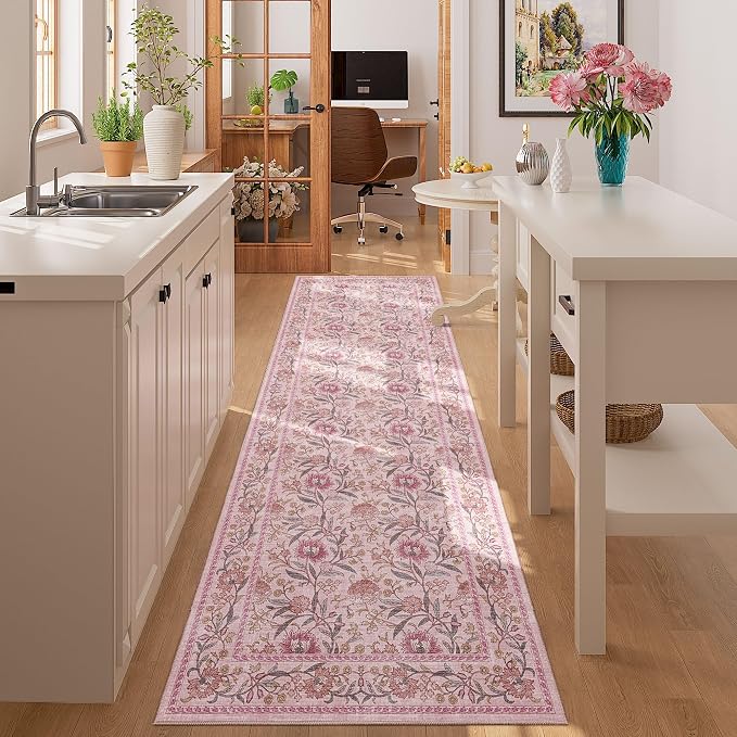 DUKINO 2x6 Runner Rug, Washable Vintage Floral Kitchen Rug, Pink | Non Slip, Low Pile, Non-Shedding, Stain Resistant Soft Carpet Runner for Hallway Bathroom Entryway Bedroom Laundry Farmhouse