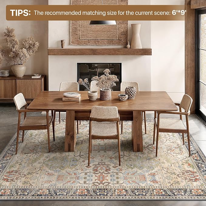 Bavni Washable Area Rugs 8'x10' Clearance for Living Room Boho Tumble Vintage Large Carpet Farmhouse Non Slip Thin Distressed Rug for Bedroom Dinning Room, Ivory Beige Blue Multi