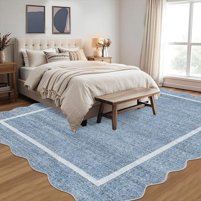 GarveeHome Scalloped Large Living Room Area Rug 8x10 - Machine Washable Modern Rugs Bordered Neutral Rug Non-Shedding Low Pile Farmhouse Carpet for Bedroom Nursery Classroom Dorm 8 ft x10 ft Blue