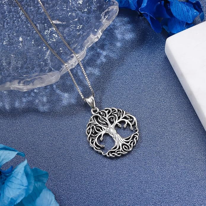 Aniu Tree of Life Necklace for Women, 925 Sterling Silver Mother of Pearl Family Palm Tree Charm Pendant Jewelry for Birthday Christmas Gift