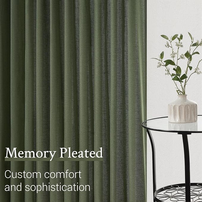 Olive Green Linen Semi Sheer Curtains 86 Inches Long,Spring Boho Natural Bedroom Living Room Home Decor,Cotton Linen Blended Light Filtering Pinch Pleated Window Curtain 7.17ft Panels Set of 2