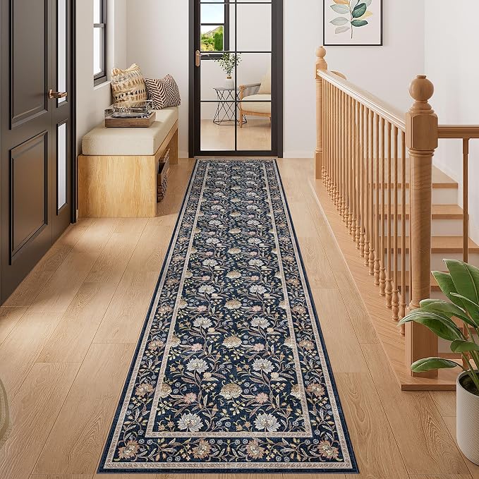 DUKINO 2x8 Runner Rug, Washable Vintage Floral Kitchen Rugs, Navy Blue | Non Slip, Low Pile, Stain Resistant Aesthetic Soft Carpet Runner for Hallway Bathroom Entryway Bedroom Farmhouse Laundry Room