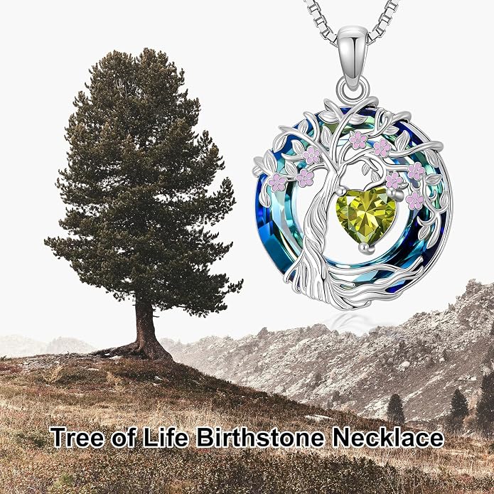 Tree of Life Birthstone Necklace 925 Sterling Silver Crystal Tree of Life Pendant Birthstone Jewelry Birthday Christmas Gifts for Women Mom Her Wife