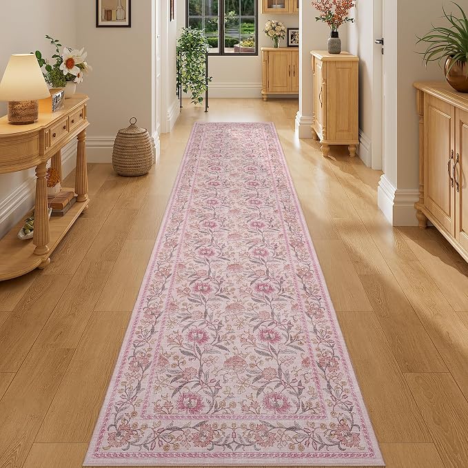 DUKINO 2x8 Runner Rug, Washable Vintage Floral Kitchen Rugs, Pink | Non Slip, Low Pile, Stain Resistant Aesthetic Soft Carpet Runner for Hallway Bathroom Entryway Bedroom Farmhouse Laundry Room