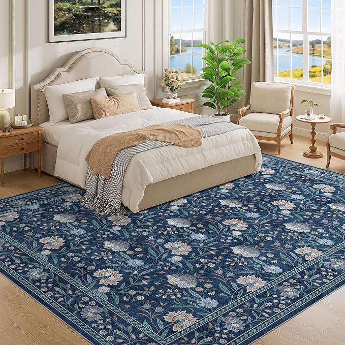 DUKINO 9x12 Area Rug for Living Room Vintage Floral Washable Rug, Dark Blue | Non Slip, Low Pile, Non-Shedding, Stain Resistant, Aesthetic Soft Indoor Large Carpet for Bedroom Dining Room Farmhouse
