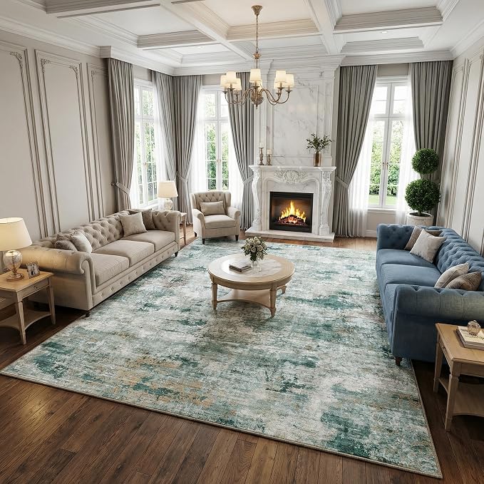 Extra Large Abstract Area Rug, 0.26" Low-Pile Washable Carpet for Living Room, Bedroom, Dining Room | Pet Friendly, Stain-Resistant & Non-Slip, 9'x12', Sage Green