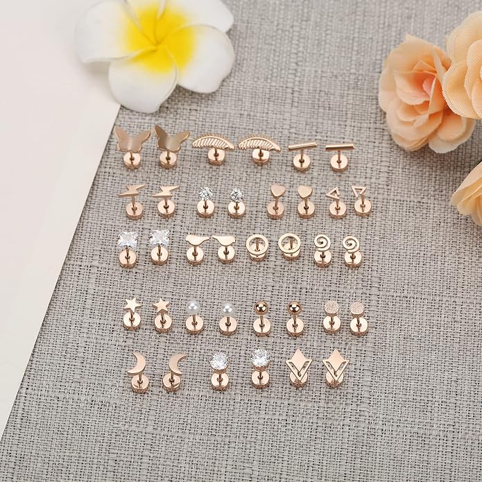 MJust 18 Pairs Women‘s Hypoallergenic Flat Back Stud Earrings, 20g Stainless Steel Earrings Sets for Men, Tiny Unisex Screw Back Cartilage Earrings.