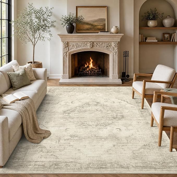 Garvee Beige Washable 5x7 Area Rugs Boho Vintage Non-Slip Low-Pile Stain Resistant Soft Rugs for Bedroom Living Room Nursery Home Office Kitchen Room Decor