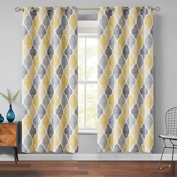 Beauoop Moroccan 100% Blackout Curtains Bedroom Yellow Grey 50x72 2 Panels | Geometric Room Darkening Drapes for Living Room 72 Inch Long Thermal Insulated Soundproof Lattice Window Treatment Grommet