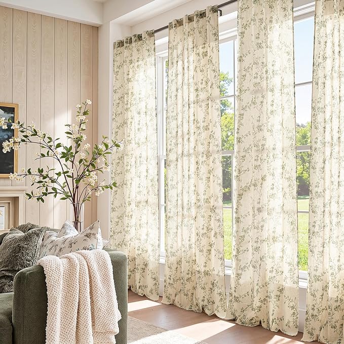 jinchan Green Floral Linen Curtains 96 Inch Flower Drapes Back Tab 2 Panels | Green on beige, light filtering, semi sheer, farmhouse, rustic, country, bedroom, living room, dining room, window treatment