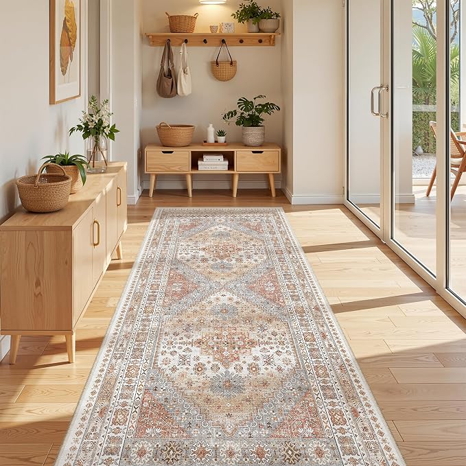 zesthome 3x8 Runner Rug Non Slip Washable for Entryway, Vintage Hallway Runner for Front Porch, Laundry Room, Bedroom, Abstract Stain Resistant Thin Indoor Kitchen Mats for Floor(Orange,3'x8')