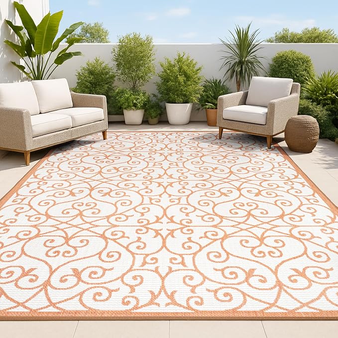 JONATHAN Y Vintage Filigree Indoor Outdoor Area Rug 8X10 Cream/Orange, Madrid Textured Weave for Backyard, Patio, Porch, Easy-Cleaning, High Traffic, Pet-Friendly, Non-Shedding (SMB107L-8)