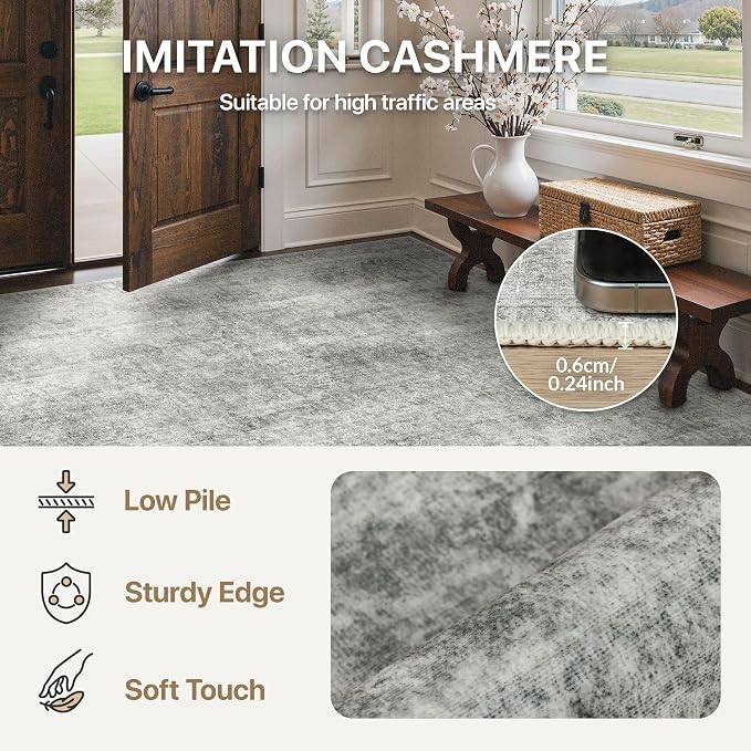 BESBLEE 4X6 Area Rugs Machine Washable Rugs for Living Room, Vintage Boho Large Rugs for Bedroom Dining Room, Non Slip Indoor Soft Distressed Lightweight Thin Low Pile Carpet, Light Grey
