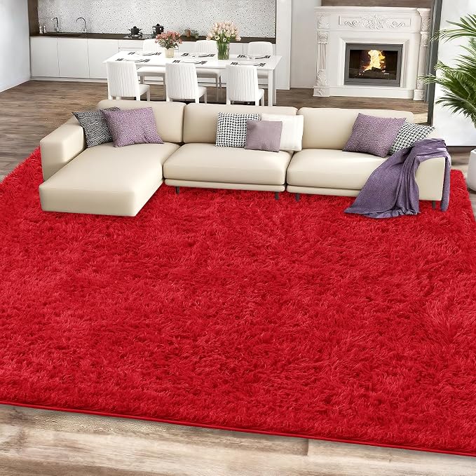 8x10 Red Fluffy Shag Area Rugs for Living Room Bedroom Girls Kids | Ultra Soft Comfy, Large Fuzzy Shaggy Plush Carpet for Nursery, Modern Indoor Home Decor, Upgrade Non-Slip