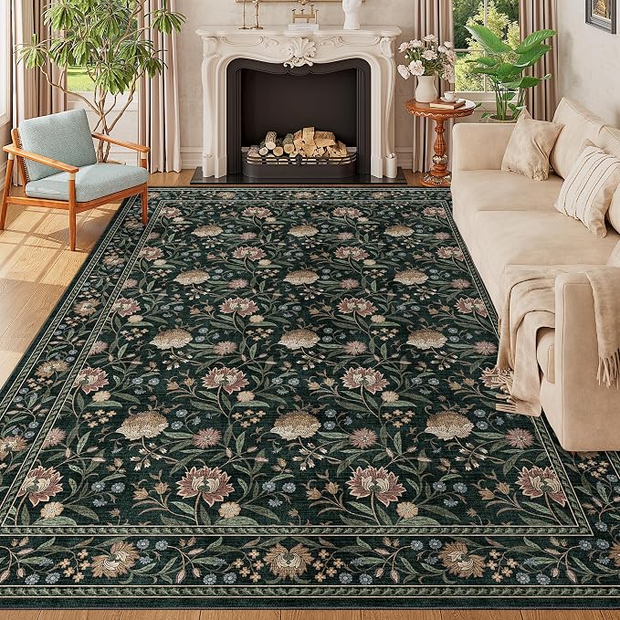 DUKINO 9x12 Area Rug for Living Room Vintage Floral Washable Rug Dark Green | Non Slip, Low Pile, Non-Shedding, Stain Resistant, Aesthetic Soft Indoor Large Carpet for Bedroom Dining Room Farmhouse