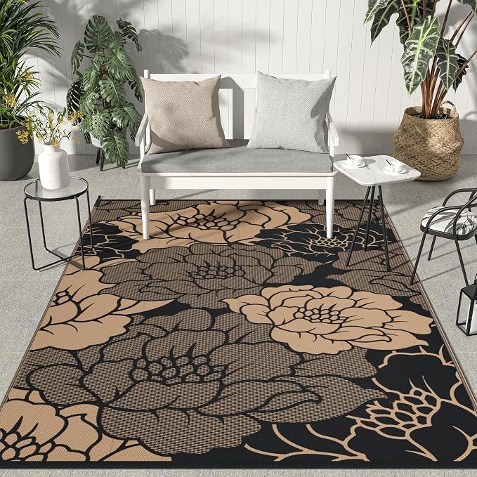 GENIMO Outdoor Rug, Waterproof Plastic Rugs for Patio, 9'x12' Raven Brown | Outside Larger Leaf Carpet Mat for Porch Decor, Deck, Balcony, Camping, RV, Backyard, Picnic, Beach, Reversible, Foldable