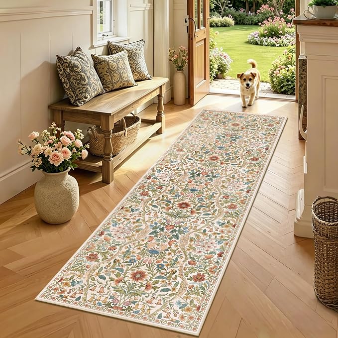 2x6 Washable Runner Rug, Beige Floral Boho Area Rug for Hallway, Low-Pile Non-Slip Stain Resistant Carpet for Kitchen, Bedside, Laundry Room, Entryway