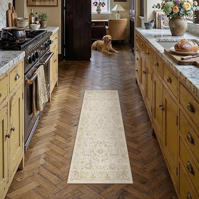 2x6 Beige Washable Runner Rug Non Slip Retro Distressed Carpet | Soft Low Pile, Lightweight Foldable, Pet Friendly, Hallway, Kitchen, Bathroom, Front Door, Beside Bed