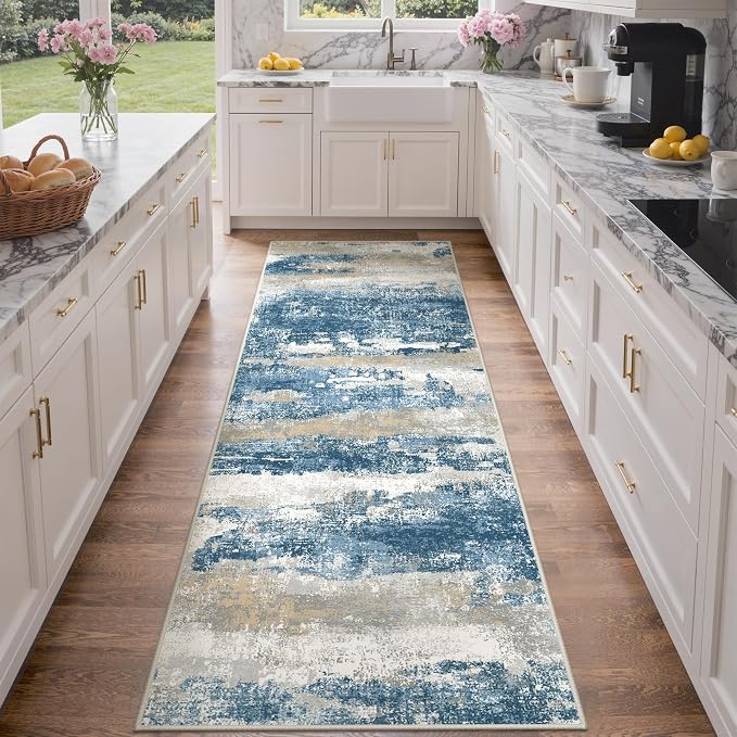GENIMO Runner Rug Non Slip 2'6"x8', Washable Rug Runner for Hallways Kitchen, Abstract Modern Kitchen Rugs, Low Pile Lightweight Carpet Runners for Entryway, Bedroom, Laundry, Sky Blue
