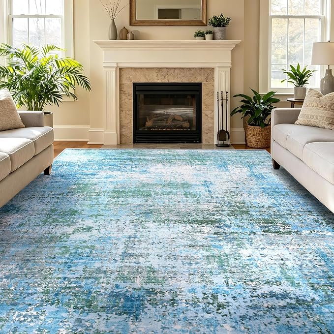 5x7 Area Rugs Living Room Rug Abstract Washable Rug Non-Slip Soft Low Pile Indoor Floor Stain Resistant Thin Carpet for Bedroom Dining Room Home Office Farmhouse Nursery - Dusty Blue & Cream 5' x 7'