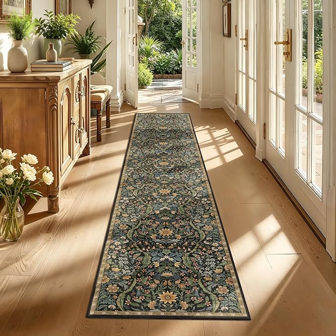 2x10 Washable Runner Rug,Black Brown Floral Boho Area Rug for Hallway,Low-Pile Non-Slip Stain Resistant Carpet for Kitchen, Bedside,Laundry Room,Entryway