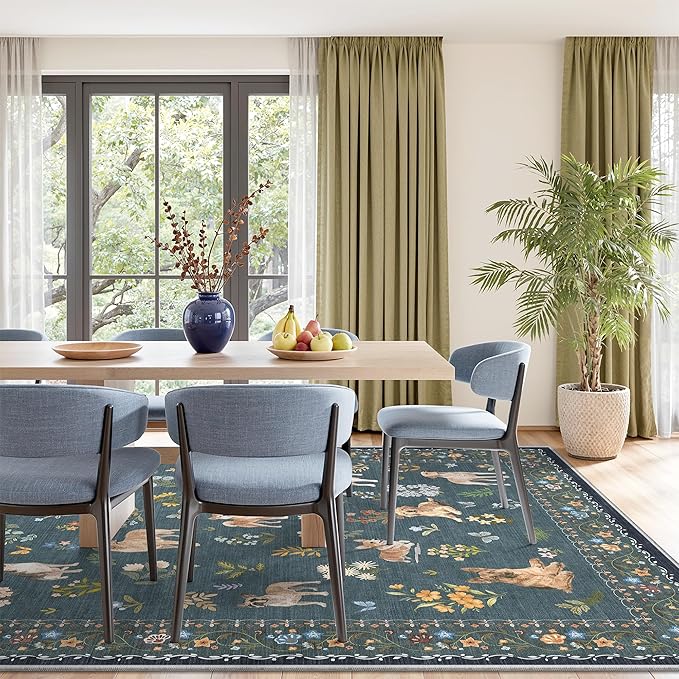 Soalmost Dog 9x12 Area Rugs for Living Room, Washable Soft Rug Navy Blue | Floral Vintage Non-Slip Low Pile Cute Animal Throw Large Rugs for Classroom Bedroom Dining Room Nursery Playroom 9' x 12'