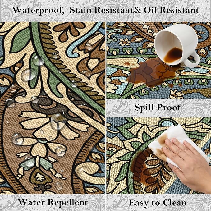 Arenarug Paisley Outdoor Rug Waterproof 5x8, UV Resistant Non Slip Patio Rug, Indoor Outdoor Boho Camping Rug Linen-Look RV Carpet for Deck Balcony Backyard, Sage&Blue