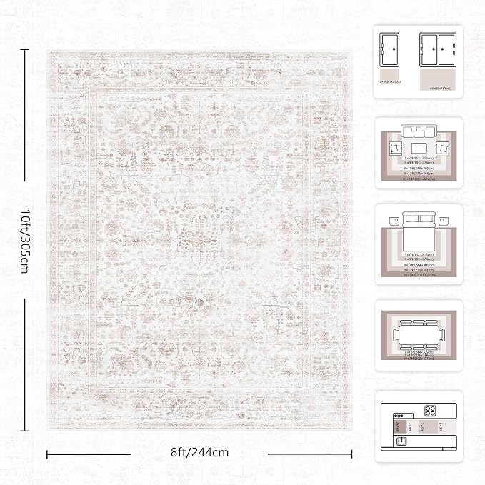 8x10 Area Rugs for Living Room, Washable Vintage Retro Floral Rug, Low Pile Non Slip Distressed Large Carpet for Bedroom, Dining Room, Office, Home (Pink)