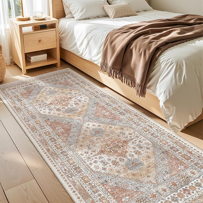 zesthome 3x8 Runner Rug Non Slip Washable for Entryway, Vintage Hallway Runner for Front Porch, Laundry Room, Bedroom, Abstract Stain Resistant Thin Indoor Kitchen Mats for Floor(Orange,3'x8')