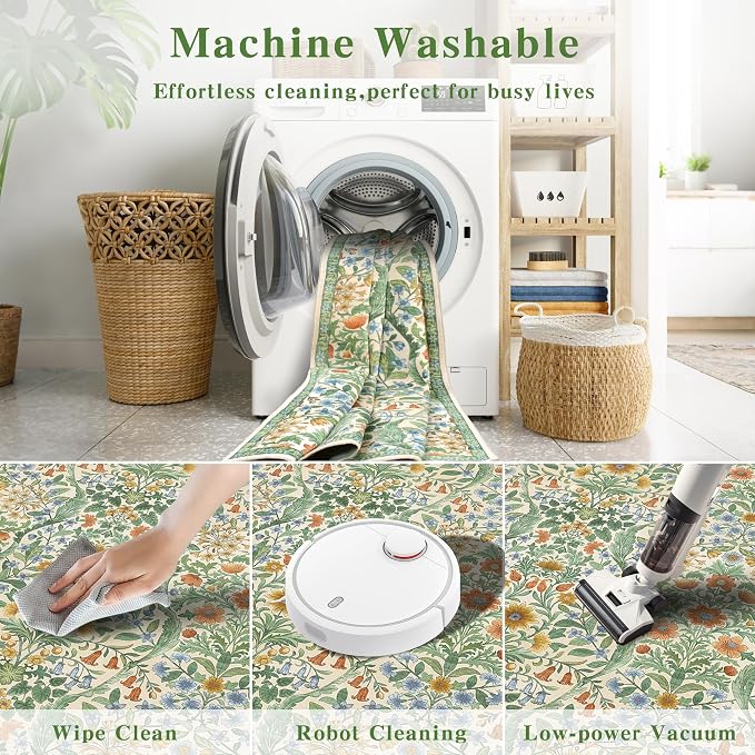 4x6 Grass Green Floral Boho Area Rug,Low-Pile Stain Resistant Non-Slip Machine Washable Carpet for Living Room,Bedroom, Kitchen,Entryway,Dining Room, Nursery