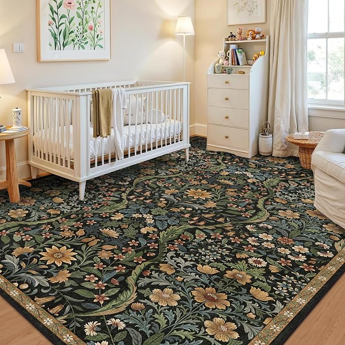 Floral Washable 6x9 Area Rug，Black Brown Boho Rugs for Living Room, Soft Low-Pile Non-Slip Stain Resistant & Non-Shedding Carpet for Girls Bedroom,Dining Room,Office,Entryway,Nursery