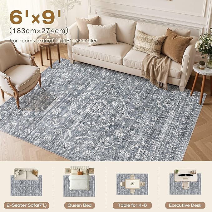 Nakagishi 6x9 Area Rugs Living Room: Washable Large Vintage Rug Neutral Non-Slip Soft Stain Resistant Indoor Carpet for Bedroom Nursery Dining Room Office Playroom - Retro Blue