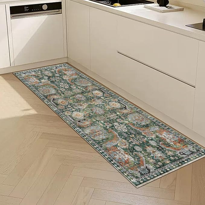 RUGSURE Washable Area Rugs - Perfect for Living Room, Bedroom, Kids Room, Nursery - Stain & Water Resistant Non-Slip, Pet & Child Friendly, Vintage Tribal Area Rugs (Green, 2'6'' x 8')